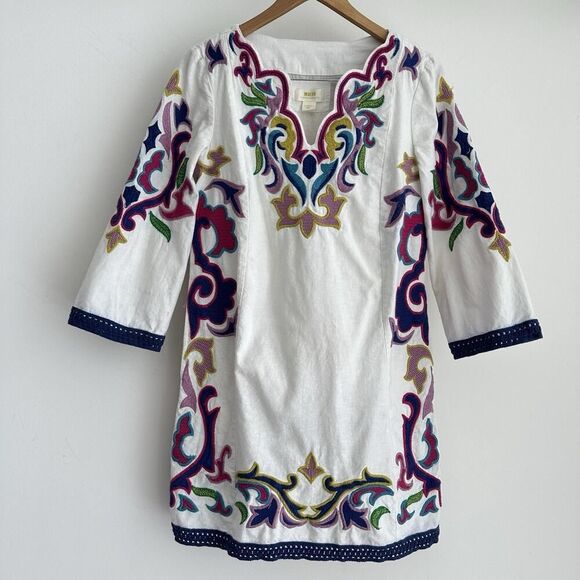 Anthropologie Maeve Olympia Dress XS Embroidered Cotton Linen Tunic Boho Resort - Picture 1 of 16
